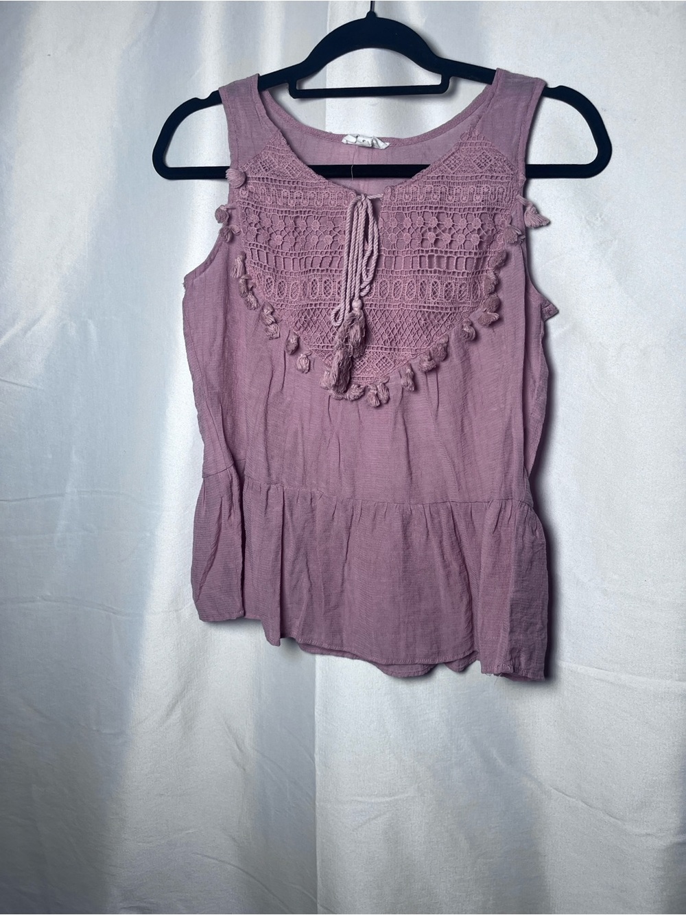 ME Makeover Essentials Mauve Pink Crochet Tassel Peplum Camisole